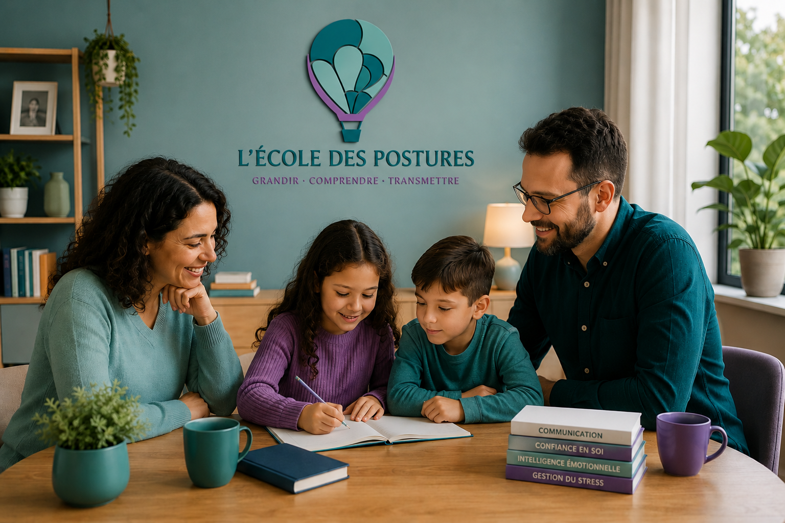 Famille accompagnée par l’École des Postures pour renforcer la communication, l’intelligence émotionnelle et les relations parents-enfants.