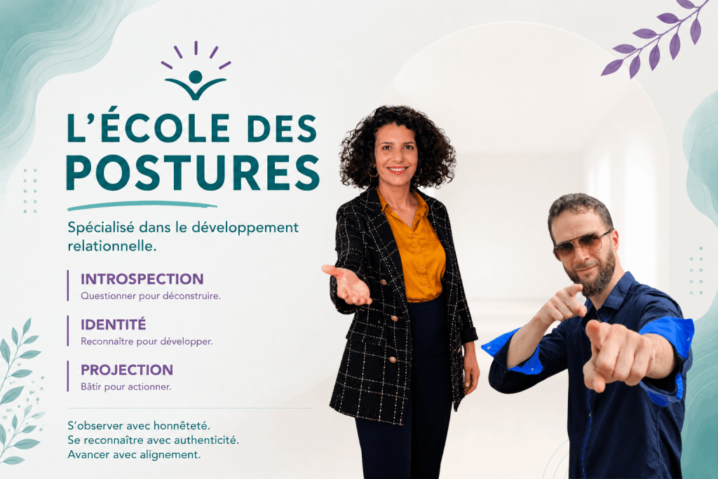 Imen Jmal et Sébastien Zehetner fondateurs de l’École des Postures, une méthode basée sur l’introspection, l’identité et la projection pour développer les soft skills, la posture relationnelle et l’évolution personnelle et professionnelle.