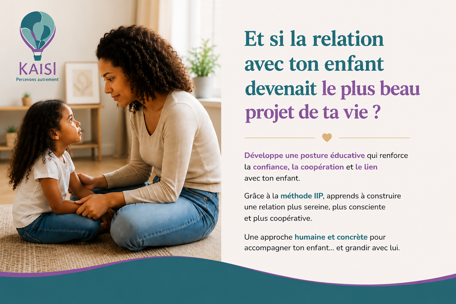 Maman et sa fille échangeant avec bienveillance dans le cadre d'un accompagnement en posture parentale et éducative proposé par l'École des Postures KAISI.